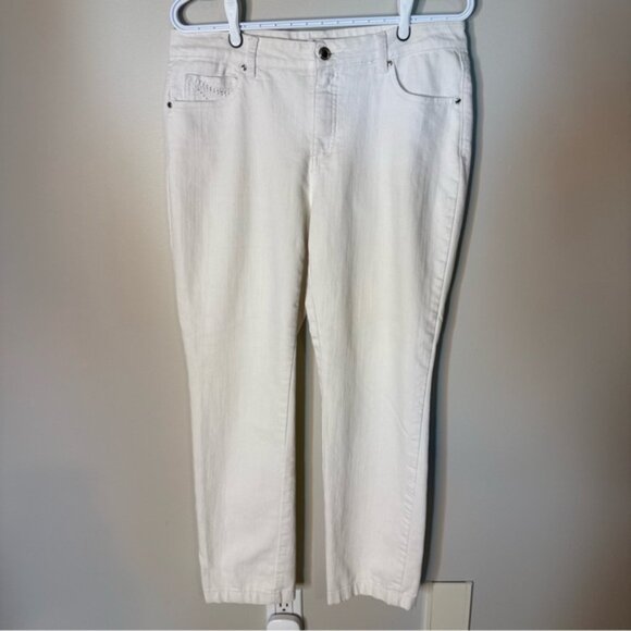 SIMON CHANG Straight Leg White Denim Jeans Embroidered Pockets Cigarette Pants - Picture 10 of 16